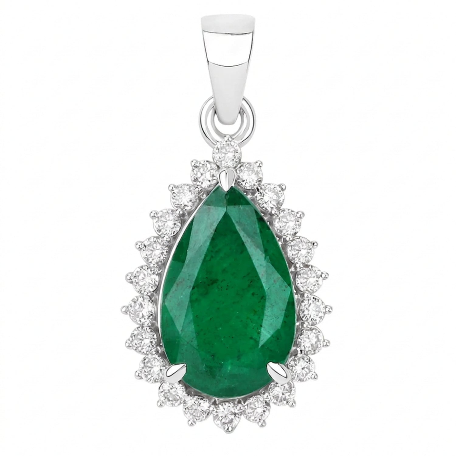 Genuine Zambian Emerald and White Diamond 14K White Gold Pendant Only