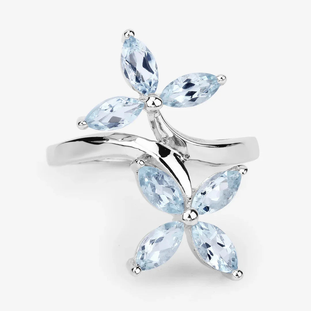 Anillo bypass con flor de aguamarina