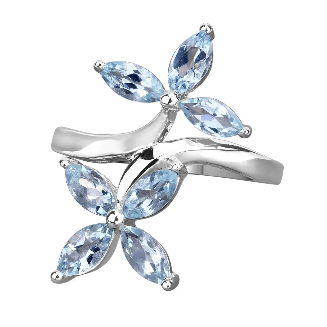 Anillo bypass con flor de aguamarina