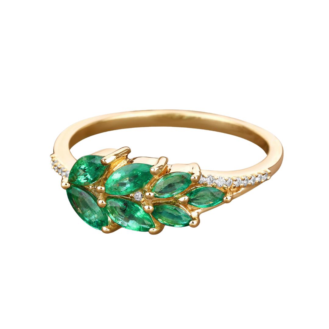 Anillo de racimo de esmeraldas de Zambia de 14 quilates con diamantes blancos