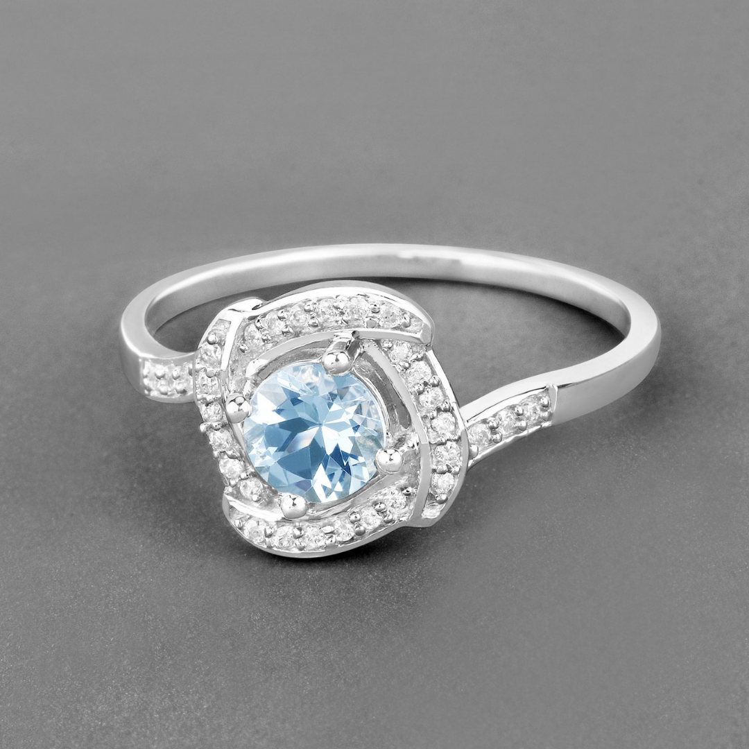14K Gold Aquamarine Diamond Halo Ring