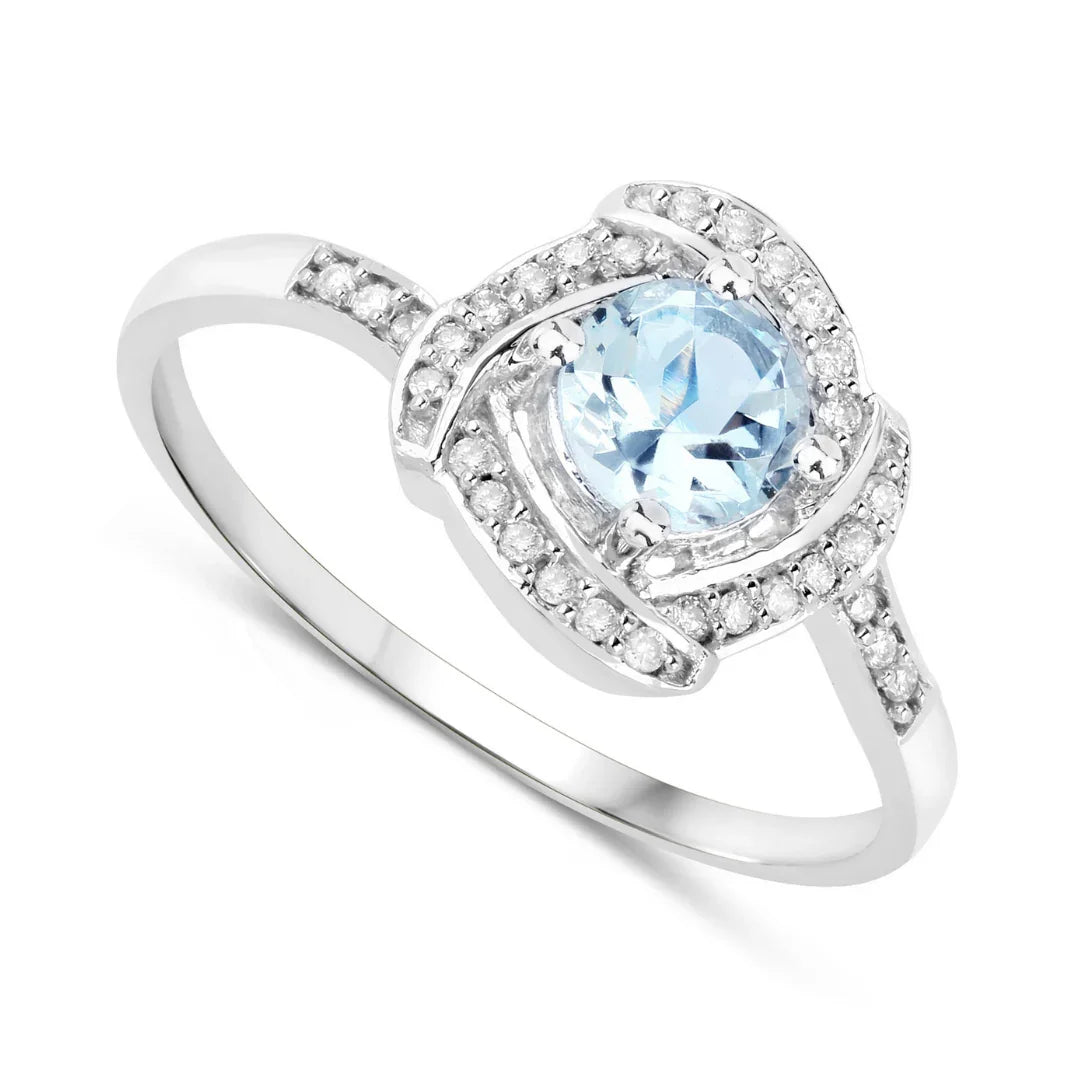 Anillo de oro blanco de 14 quilates con halo de aguamarina y diamantes blancos