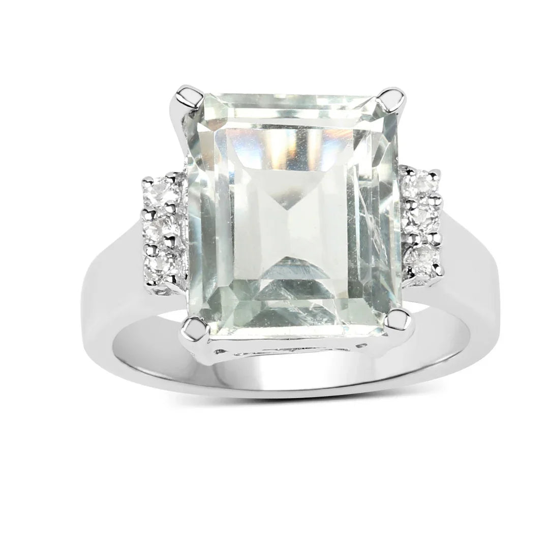 Anillo solitario de plata de ley con amatista verde y topacio blanco