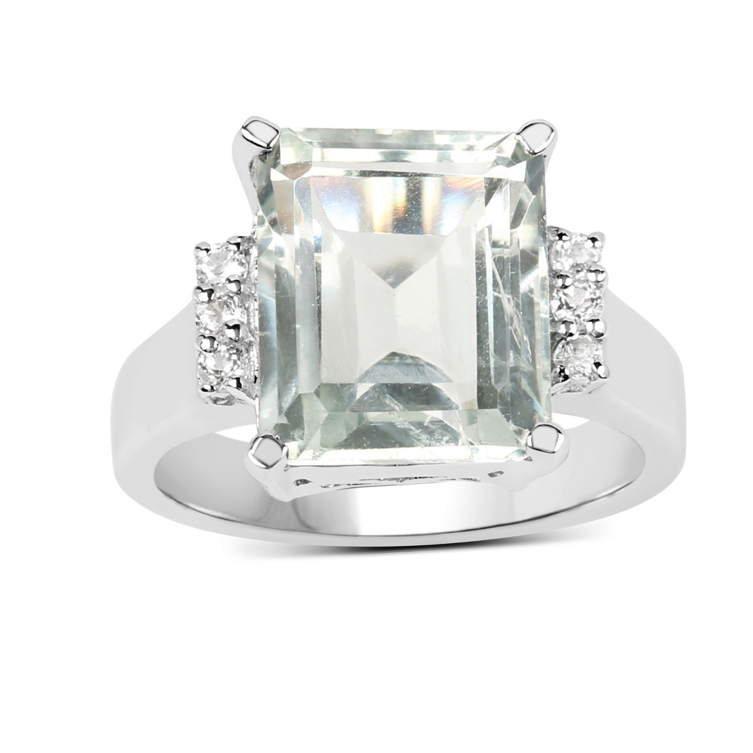 Green Amethyst and White Topaz Solitaire Sterling Silver Ring