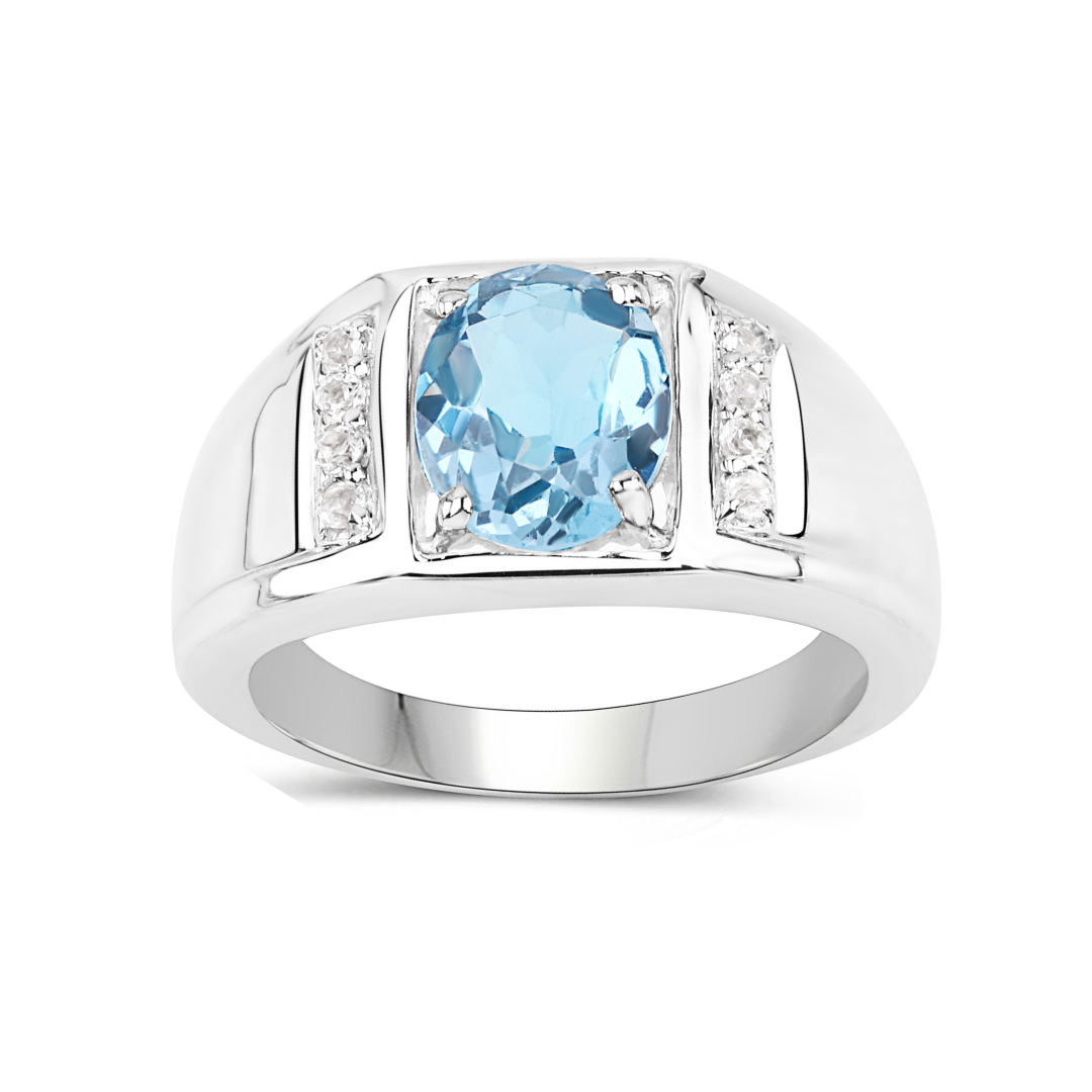 Anillo unisex de plata de ley con solitario de topacio azul Londres y topacio blanco