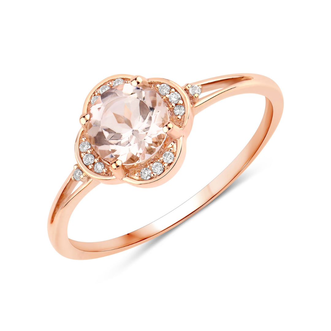 Anillo de oro rosa de 10 quilates con halo de morganita y diamantes blancos