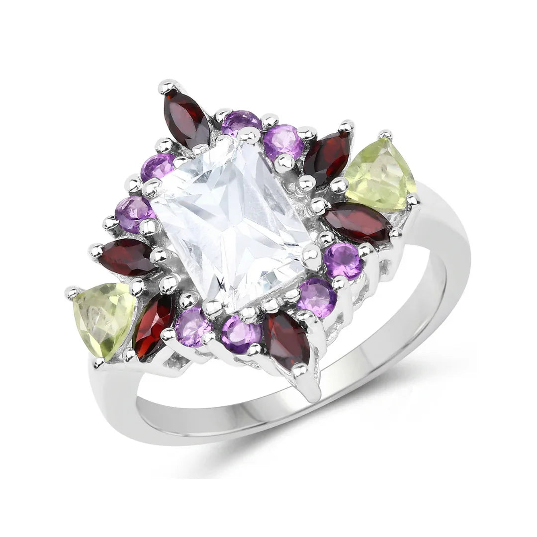 Anillo de cóctel de plata de ley con múltiples piedras y topacio blanco
