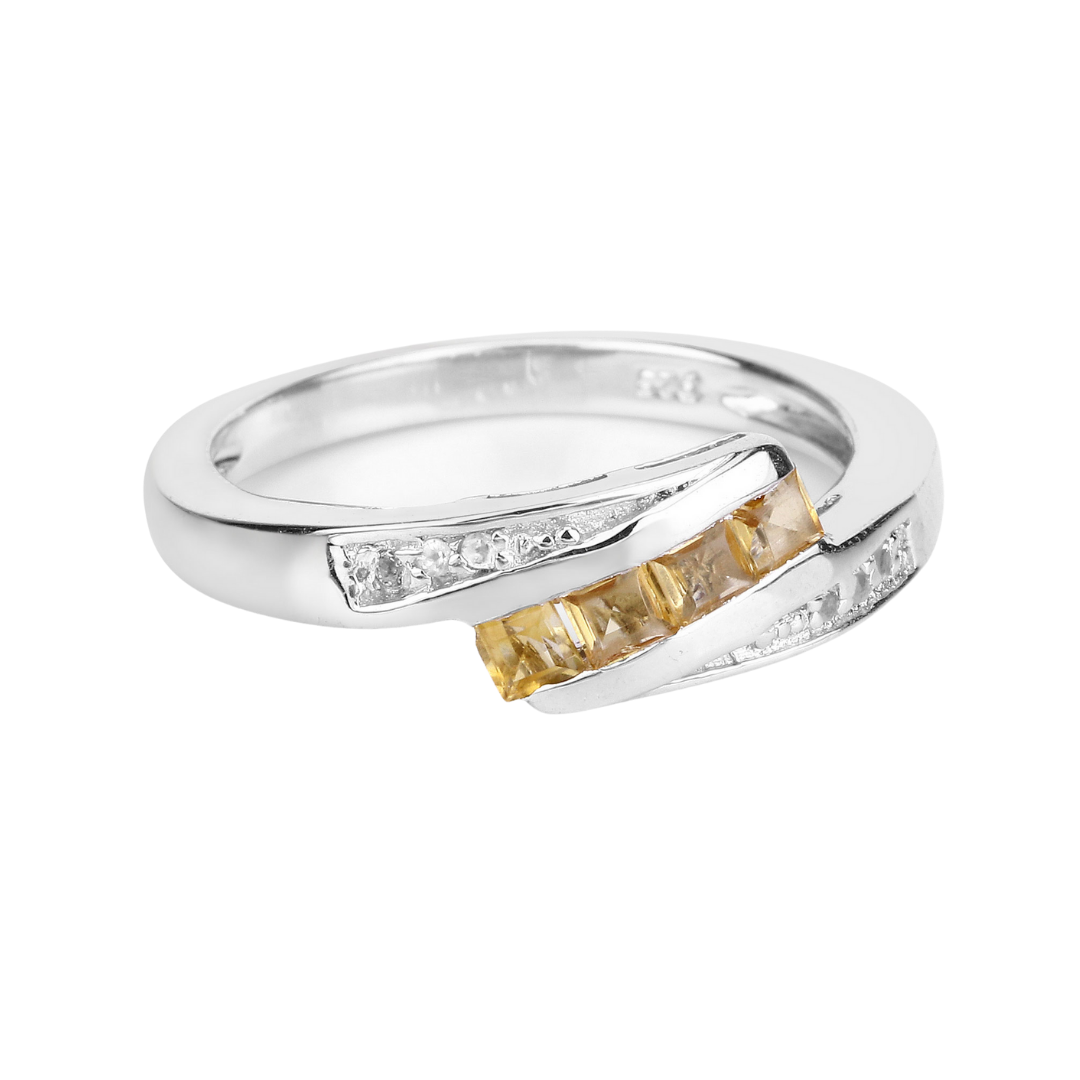 Yellow Beryl and White Zircon Bypass Silver Ring