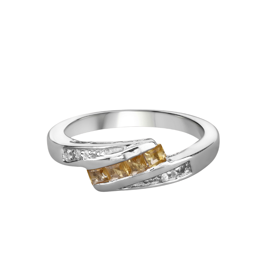 Yellow Beryl and White Zircon Bypass Silver Ring