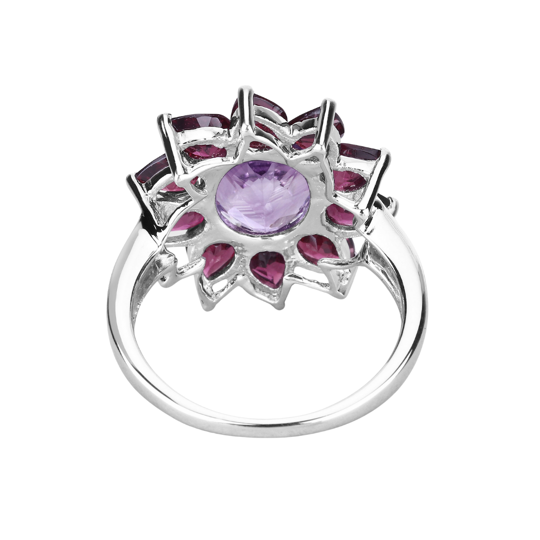 Natural Amethyst and Rhodolite Floral Ring