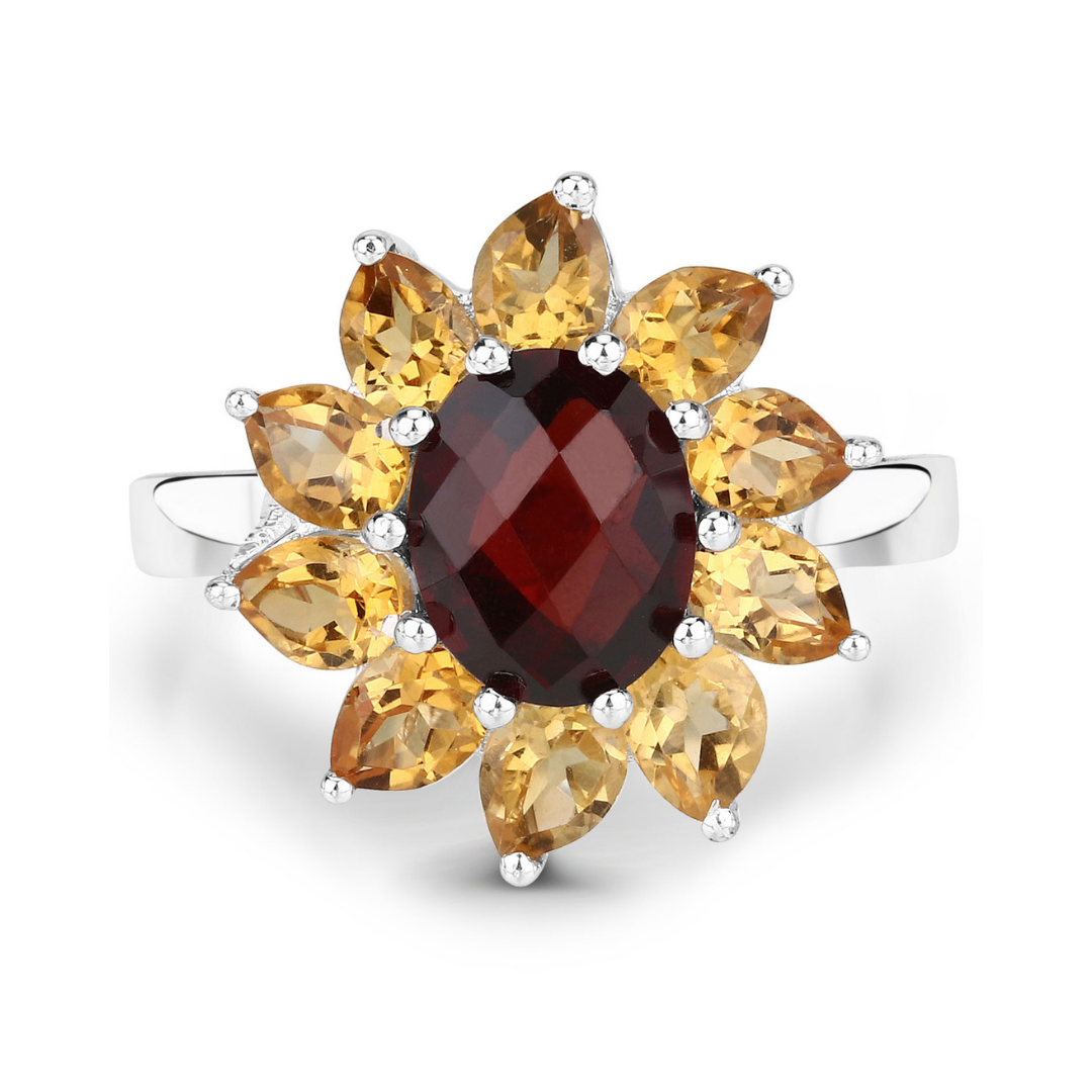 Natural Garnet and Citrine Sunflower Ring