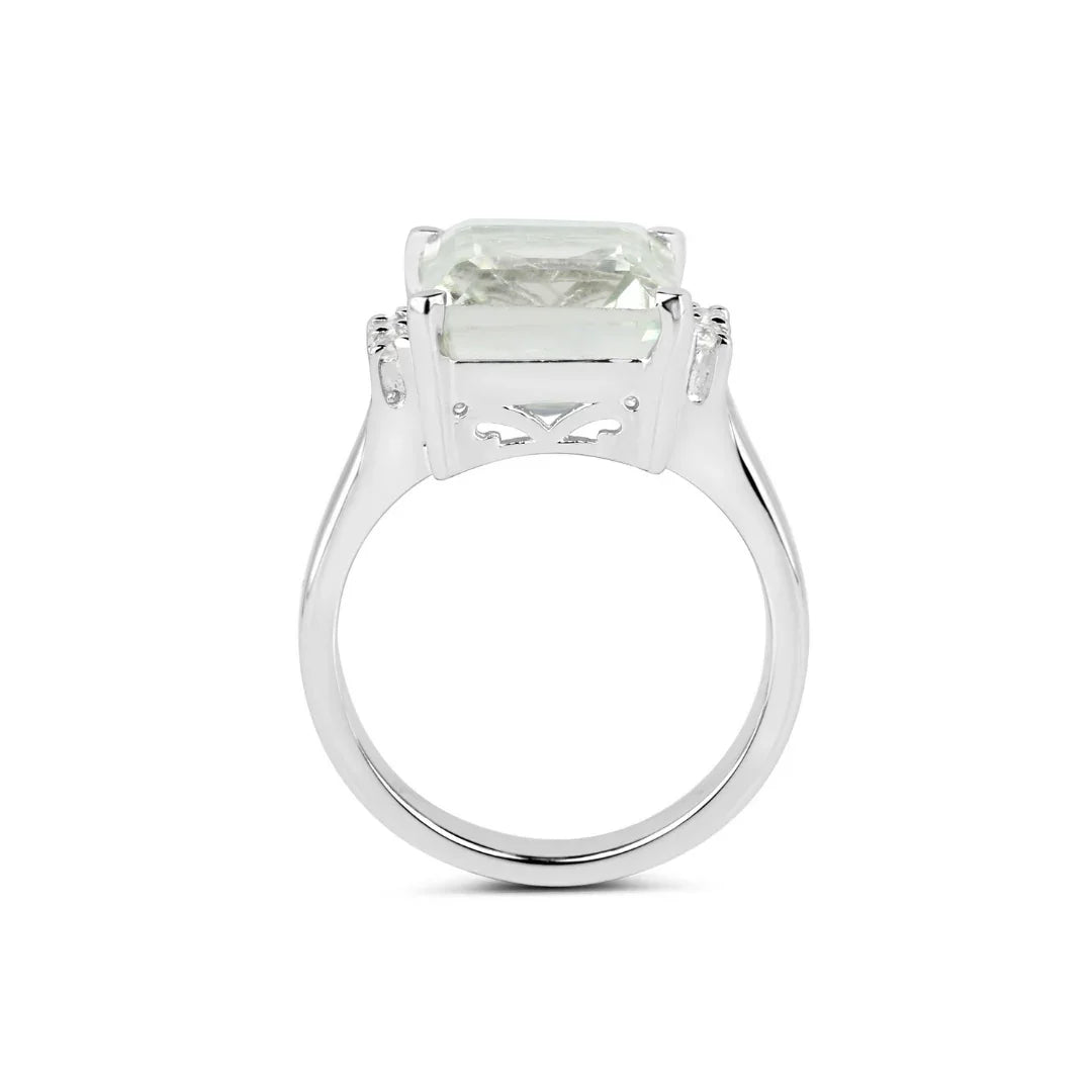 Anillo solitario de plata de ley con amatista verde y topacio blanco