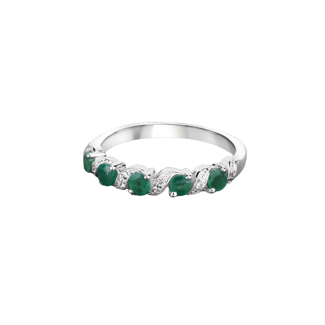 Genuine Green Emerald 5 Stone Ring Silver