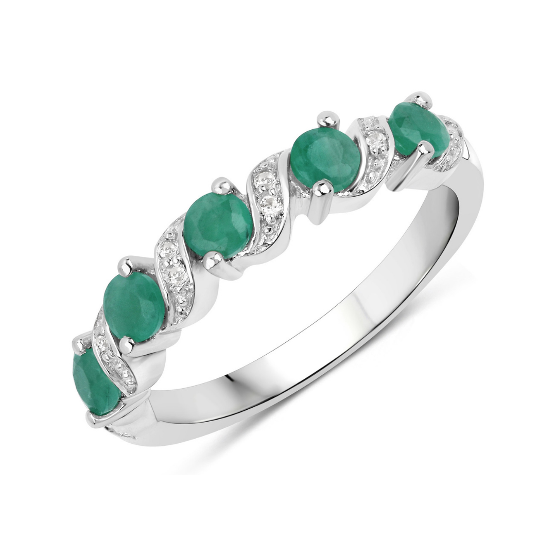 Genuine Green Emerald 5 Stone Ring Silver