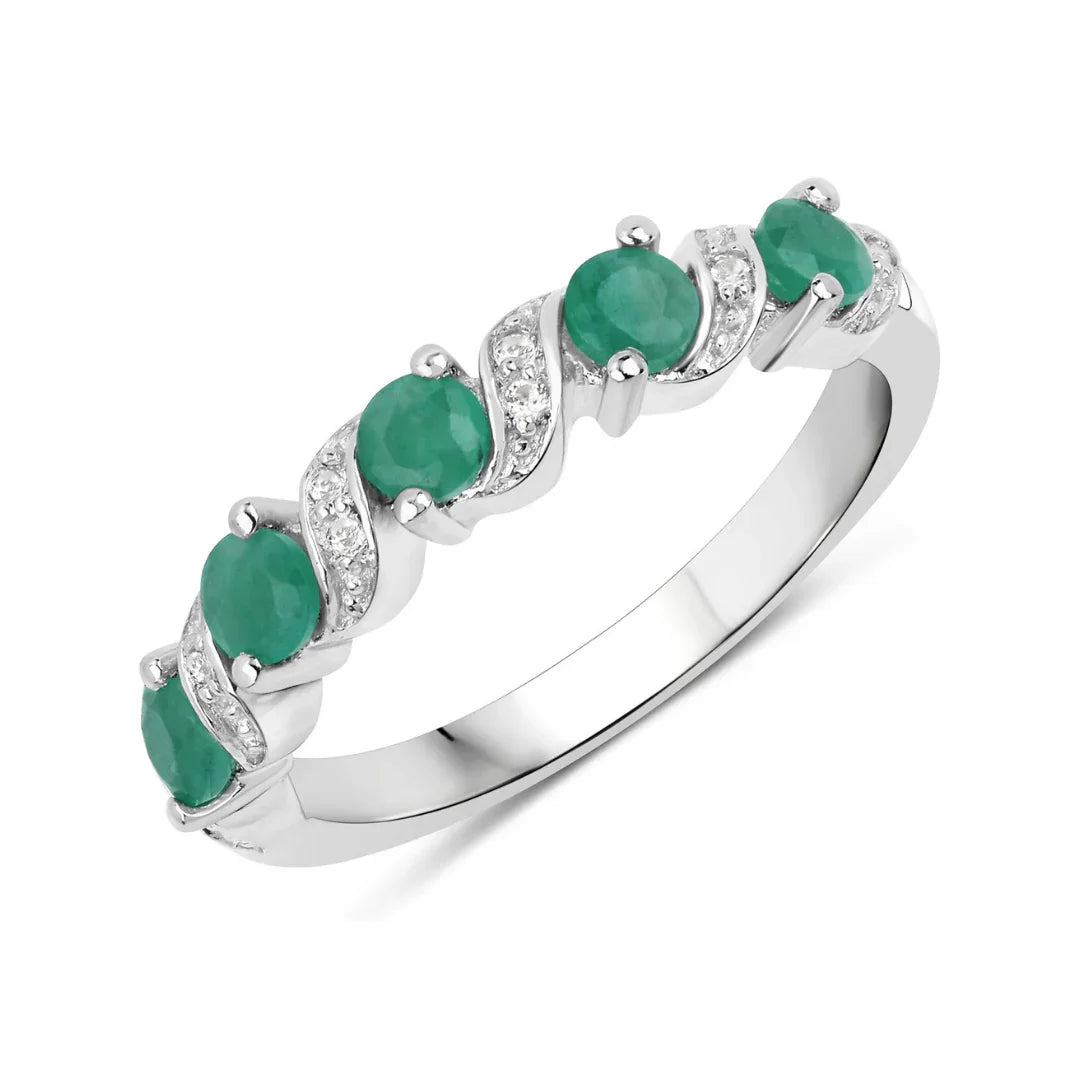 Genuine Green Emerald 5 Stone Ring Silver