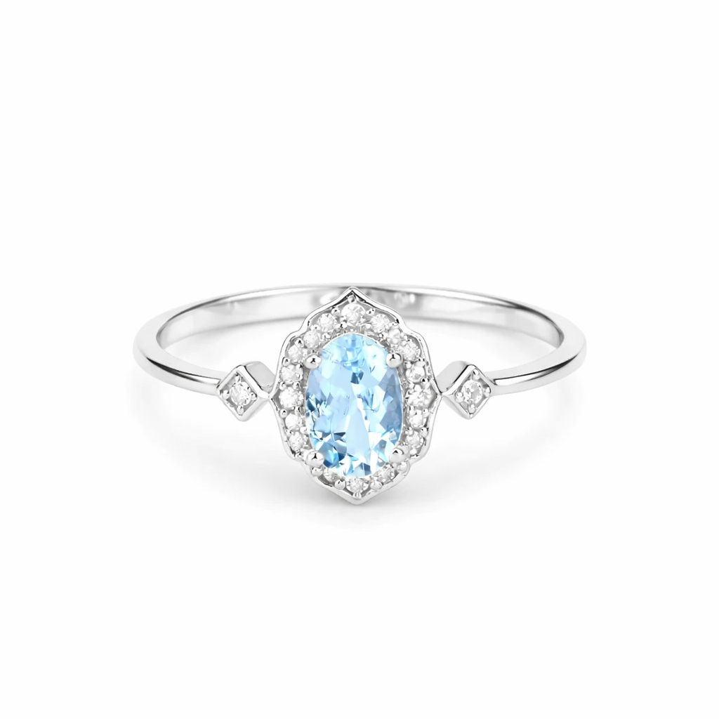Blue oval Aquamarine Diamond Halo Ring