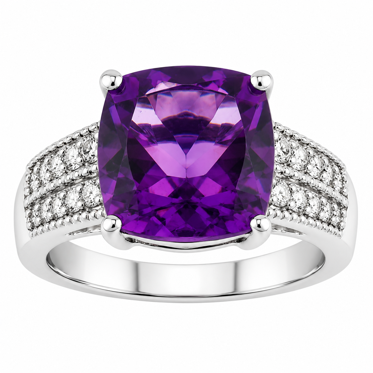 2.77 Ct Cushion Purple Amethyst and Lab Diamond Prong Silver Bridge Ring