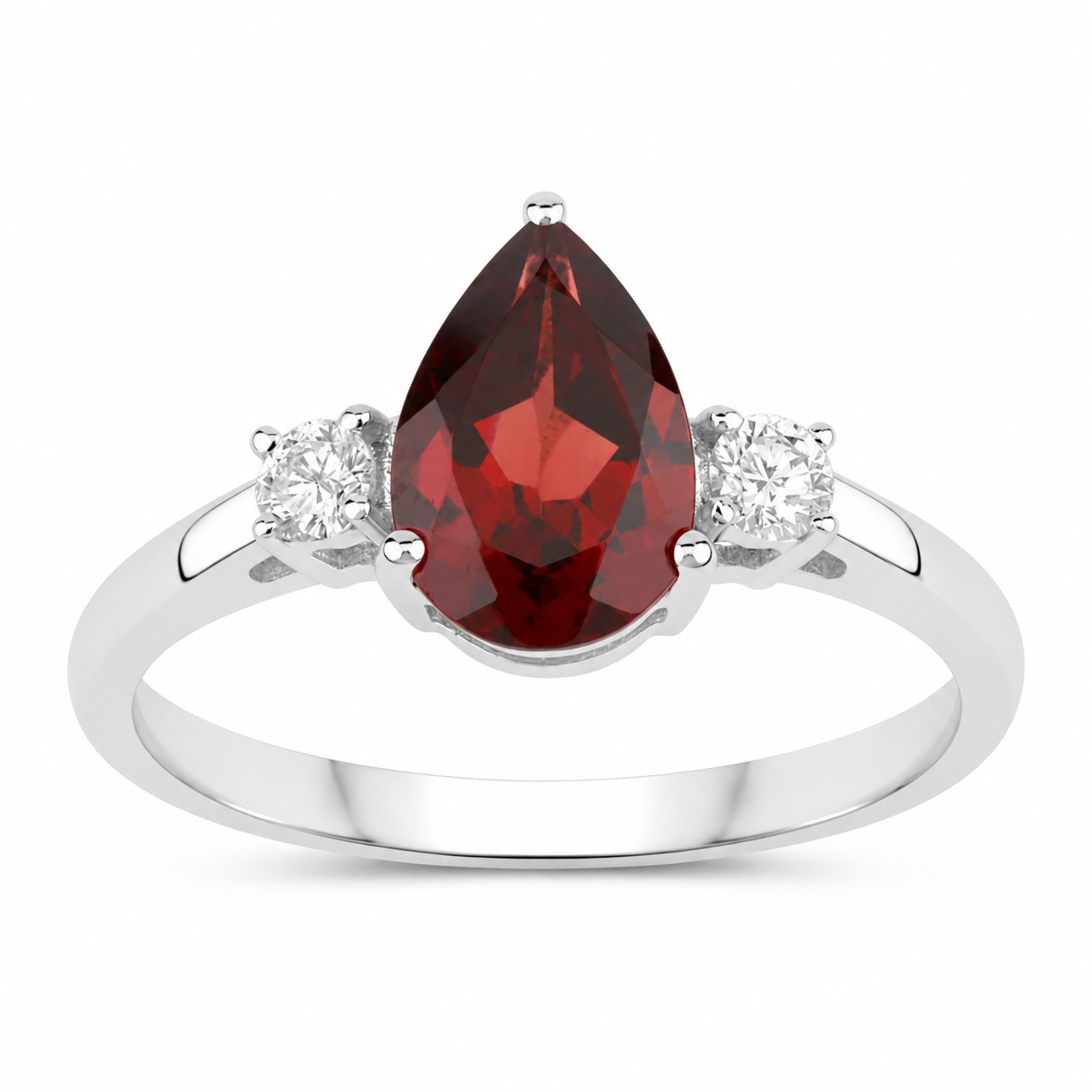 1.42 Ct Pear Red Mozambique Garnet and Lab Diamond Prong Silver Three Stone Ring