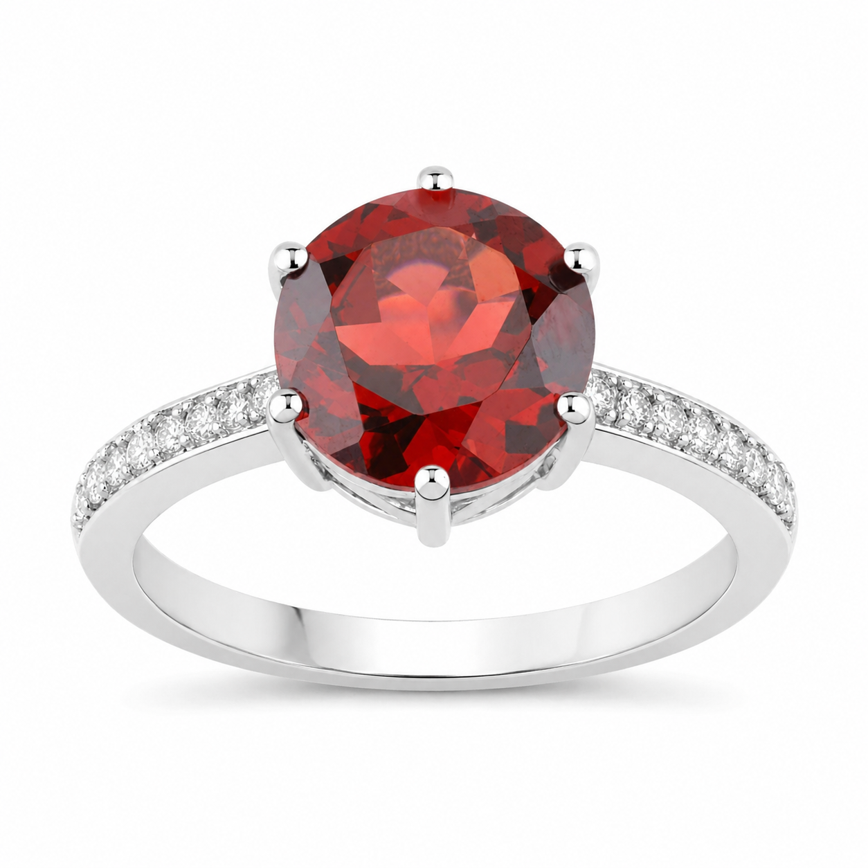 3.41 Ct Round Red Mozambique Garnet and Lab Diamond Prong Silver Pave Solitaire Bridge Ring