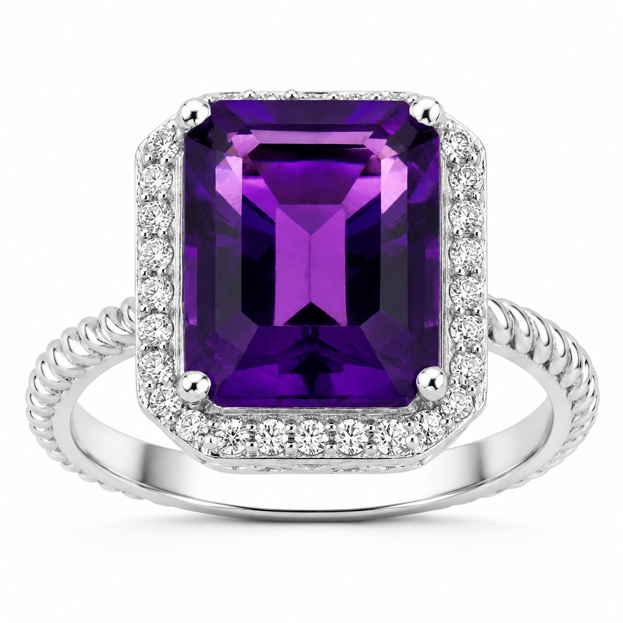4.03 Ct Octagon Purple Amethyst and Lab Diamond Prong Silver Halo Statement Ring