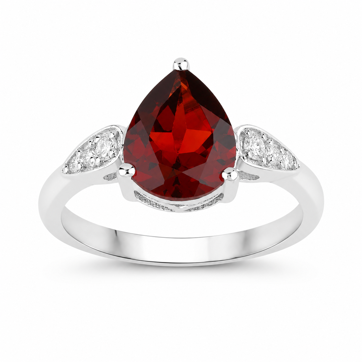 2.56 Ct Pear Red Mozambique Garnet and Lab Diamond Prong Silver Cocktail Ring