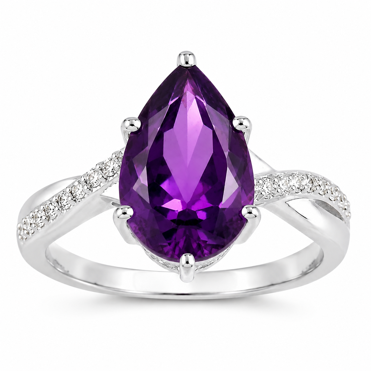2.62 Ct Pear Purple Amethyst and Lab Diamond Prong Silver Bypass Ring
