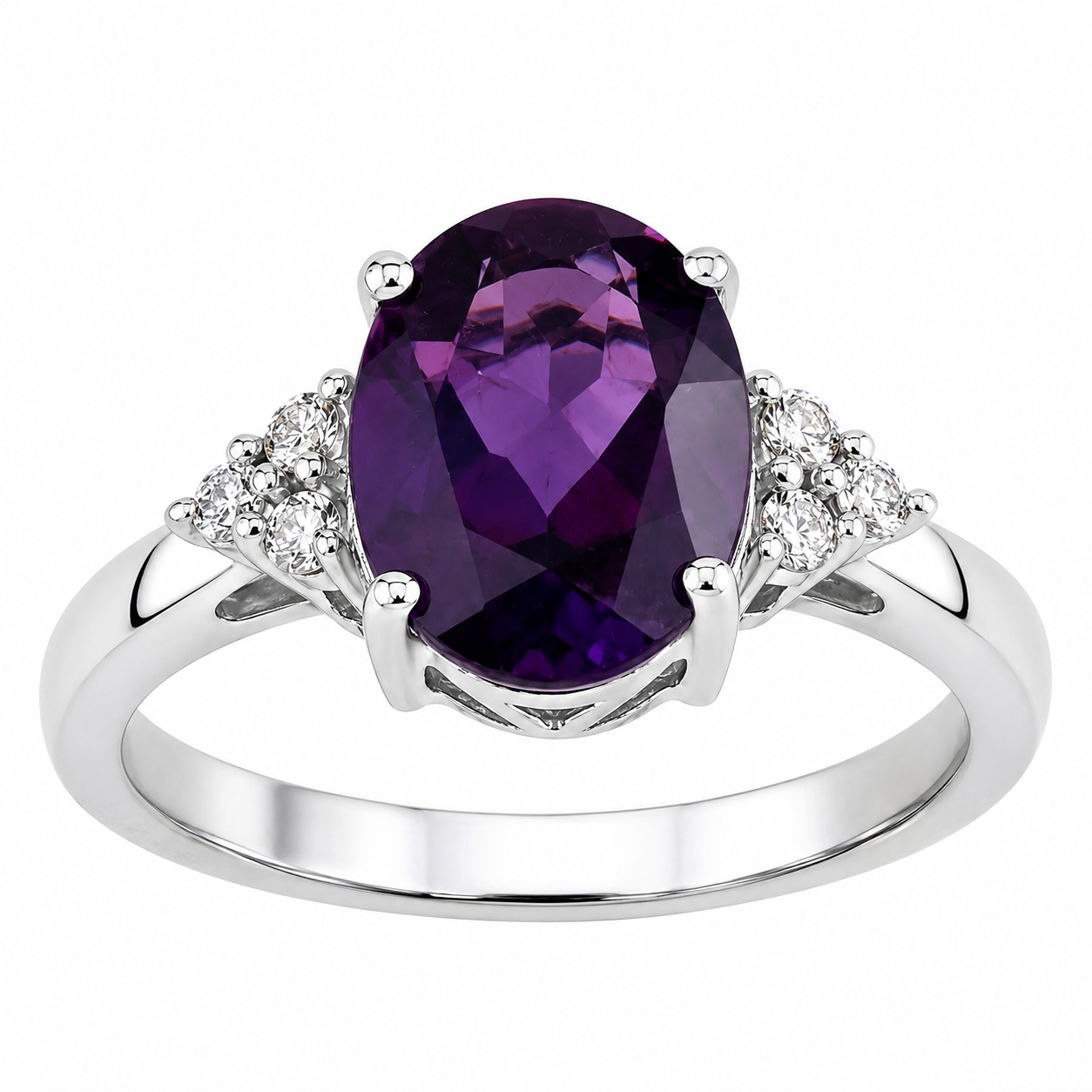 1.69 Ct Oval Purple Amethyst and Lab Diamond Prong Silver Cocktail Ring