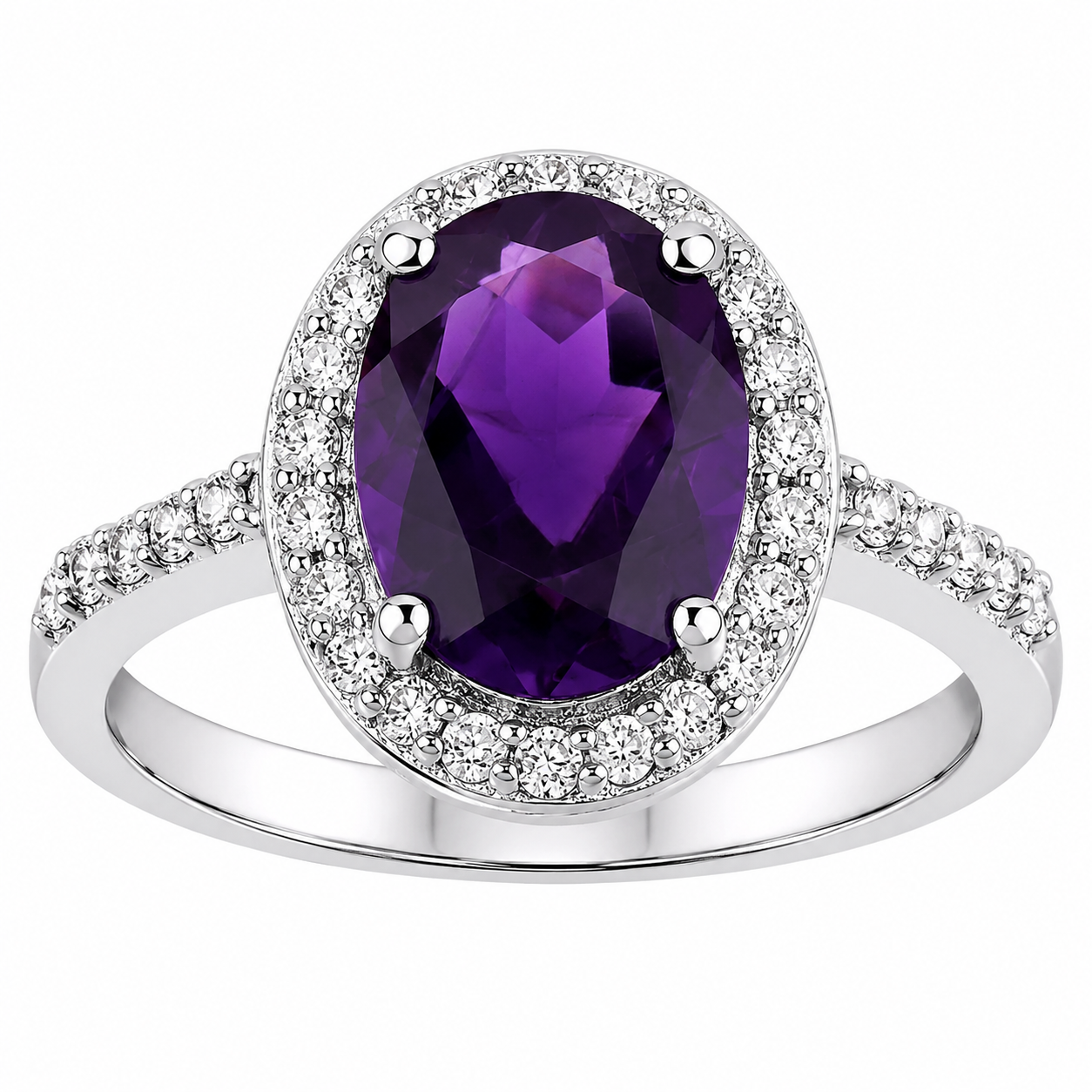 1.92 Ct Oval Purple Amethyst and Lab Diamond Prong Silver Halo Pave Ring
