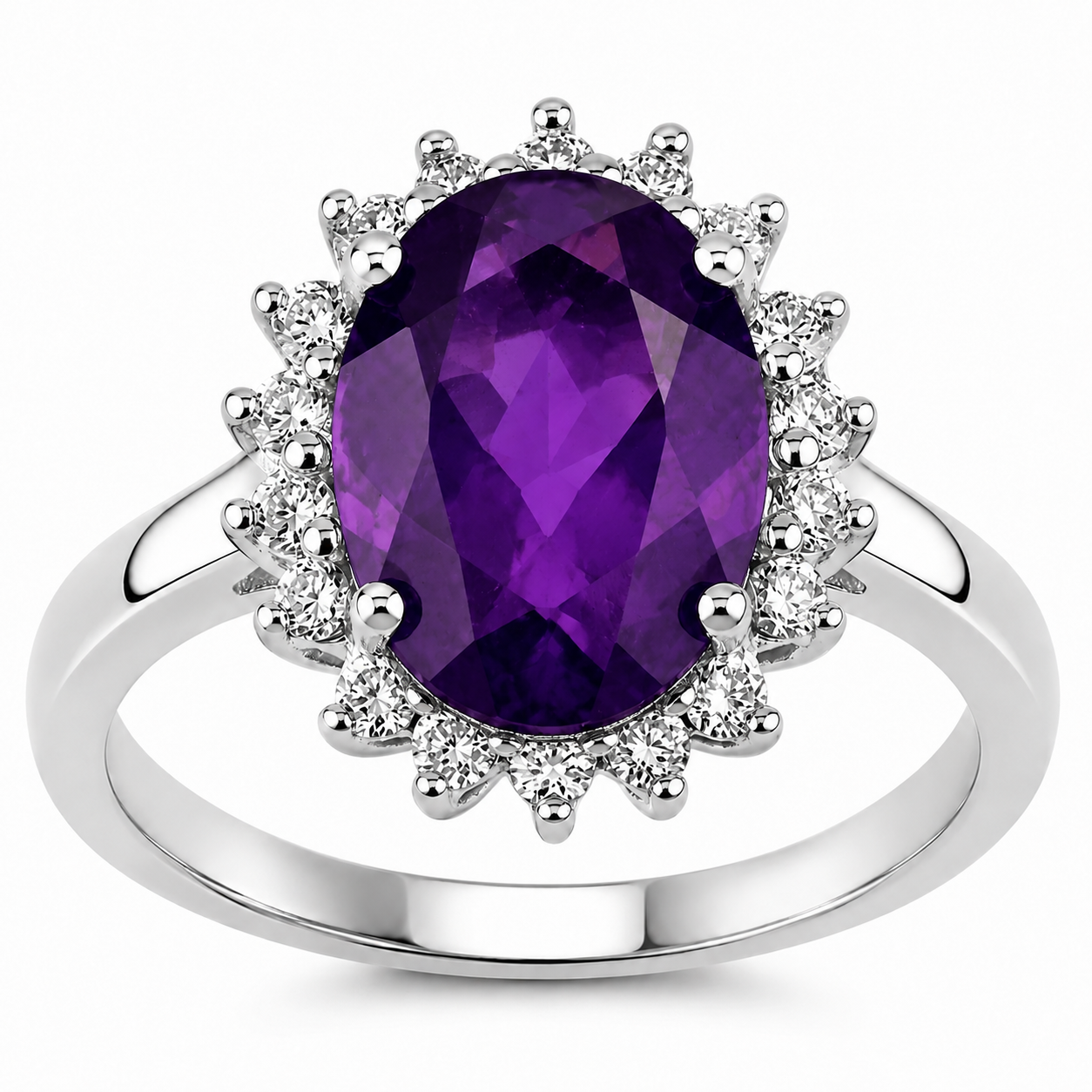 3.47 Ct Oval Purple Amethyst and Lab Diamond Prong Silver Bridge Floral Ring