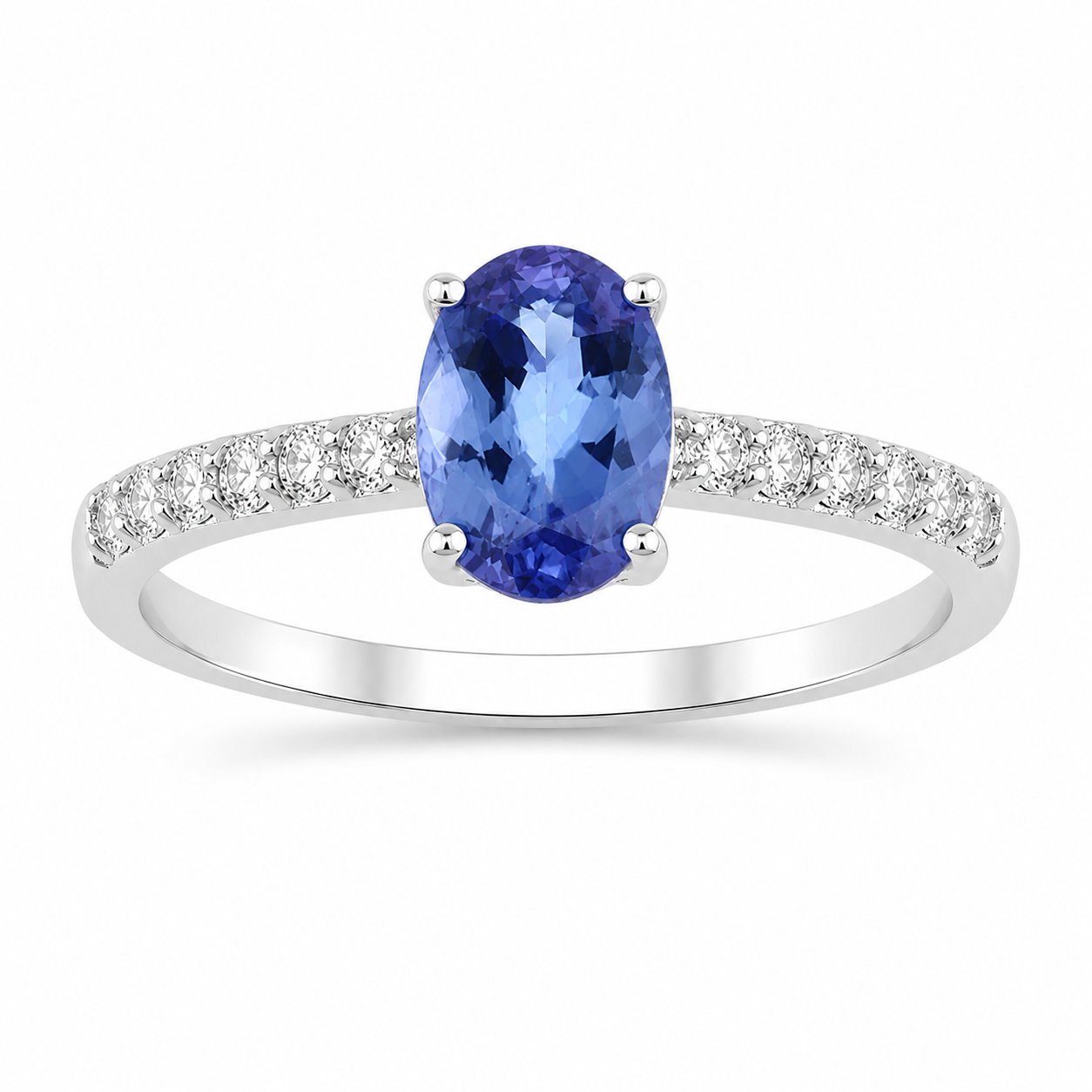 0.75 Ct Oval Violet Tanzanite and Lab Diamond Prong Silver Pave Band Ring