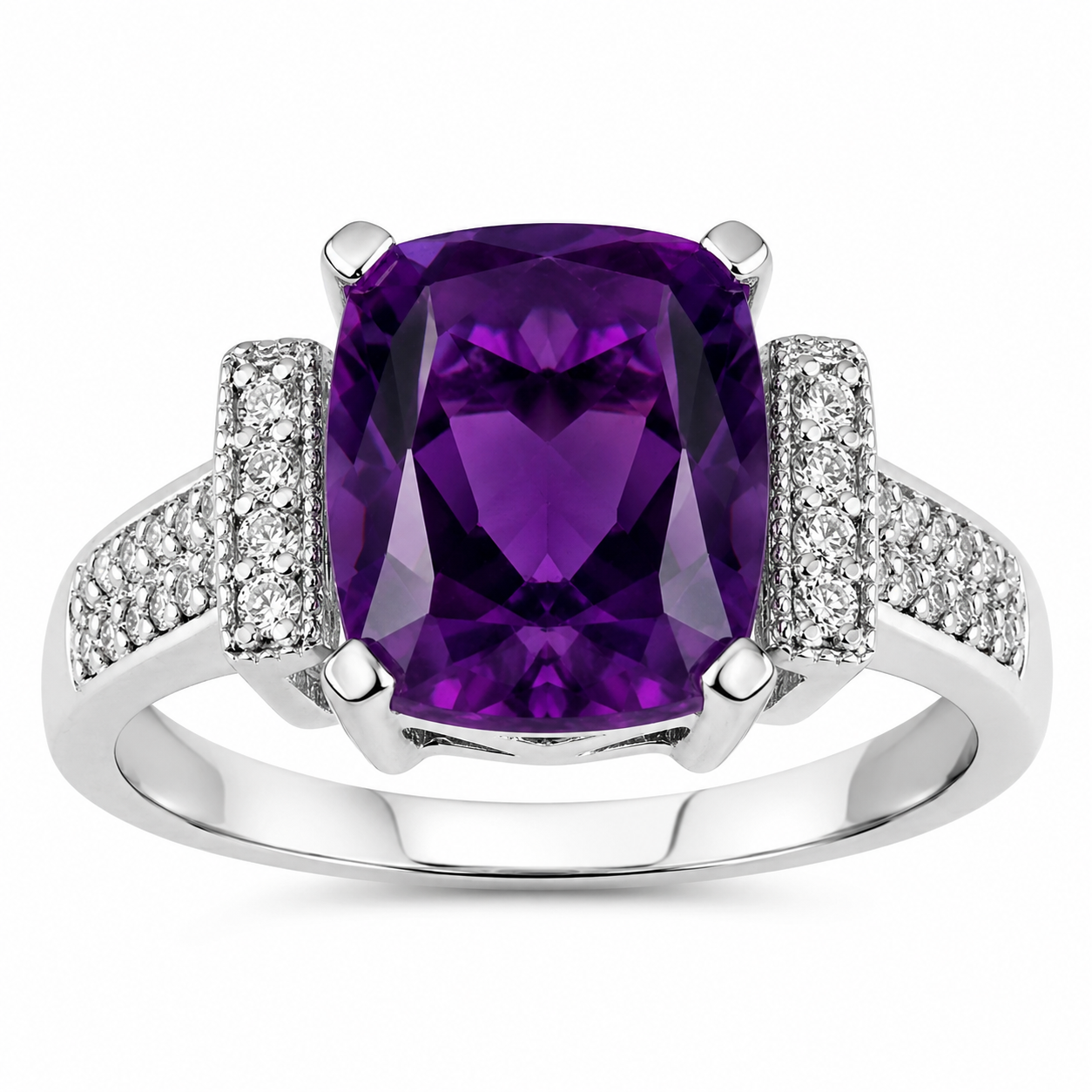 2.78 Ct Cushion Purple Amethyst and Lab Diamond Prong Silver Statement Ring