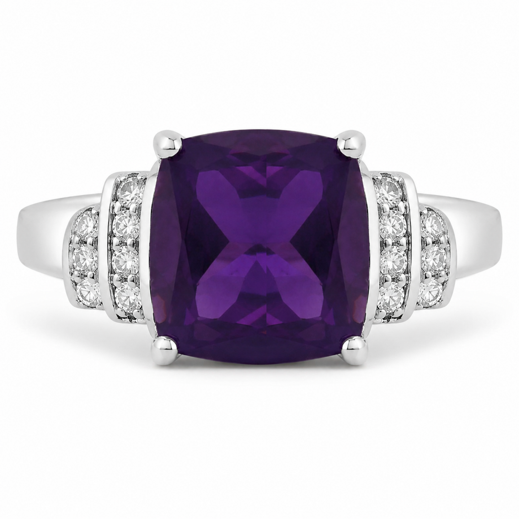 1.63 Ct Cushion Purple Amethyst and Lab Diamond Prong Silver Bridge Ring