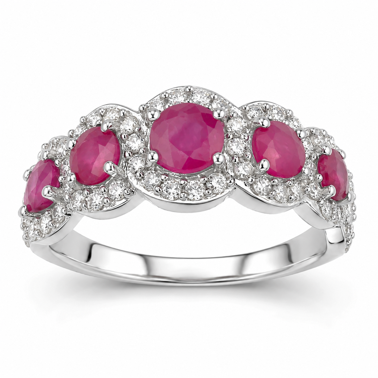 1.99 Ct Round Cut Pink Ruby and White Diamond Prong 14K White Gold Five Stone Halo Ring