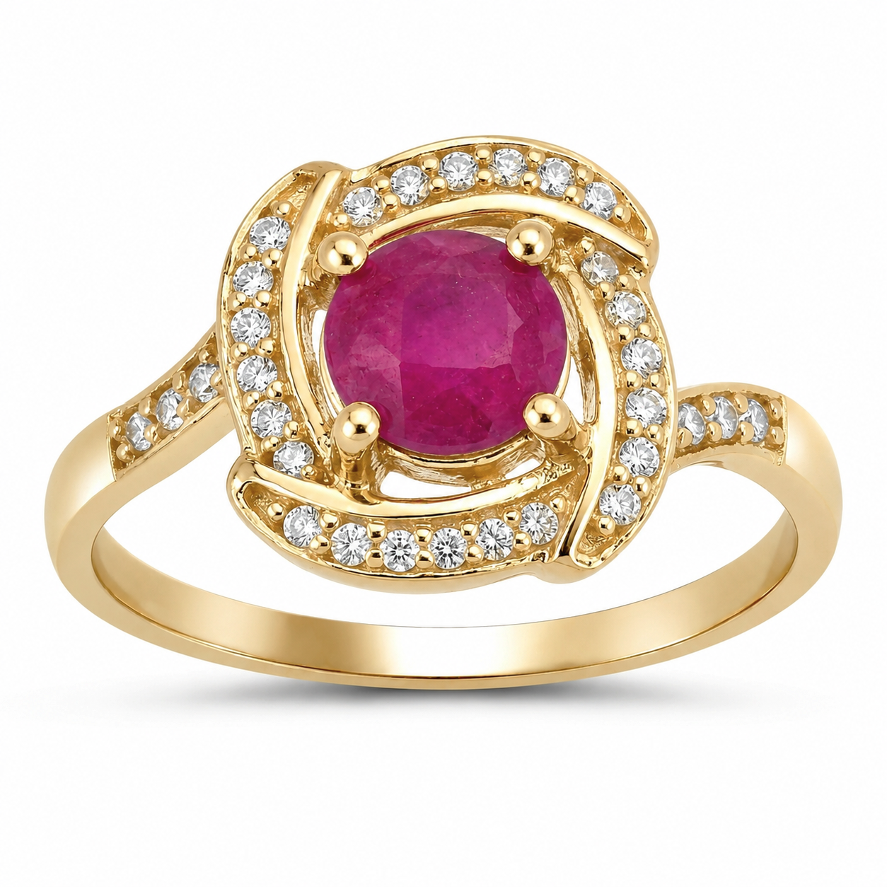 0.63 Ct Round Cut Pink Ruby and White Diamond 14K Yellow Gold Halo Bypass Ring