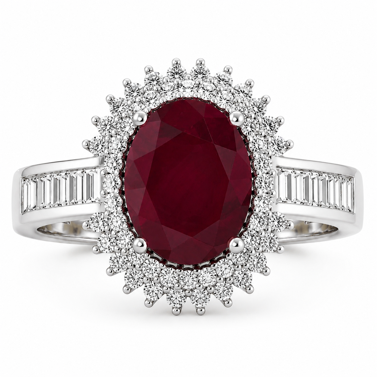 2.82 Ct Oval Pink Ruby and White Diamond Prong 14K White Gold Halo Floral Ring