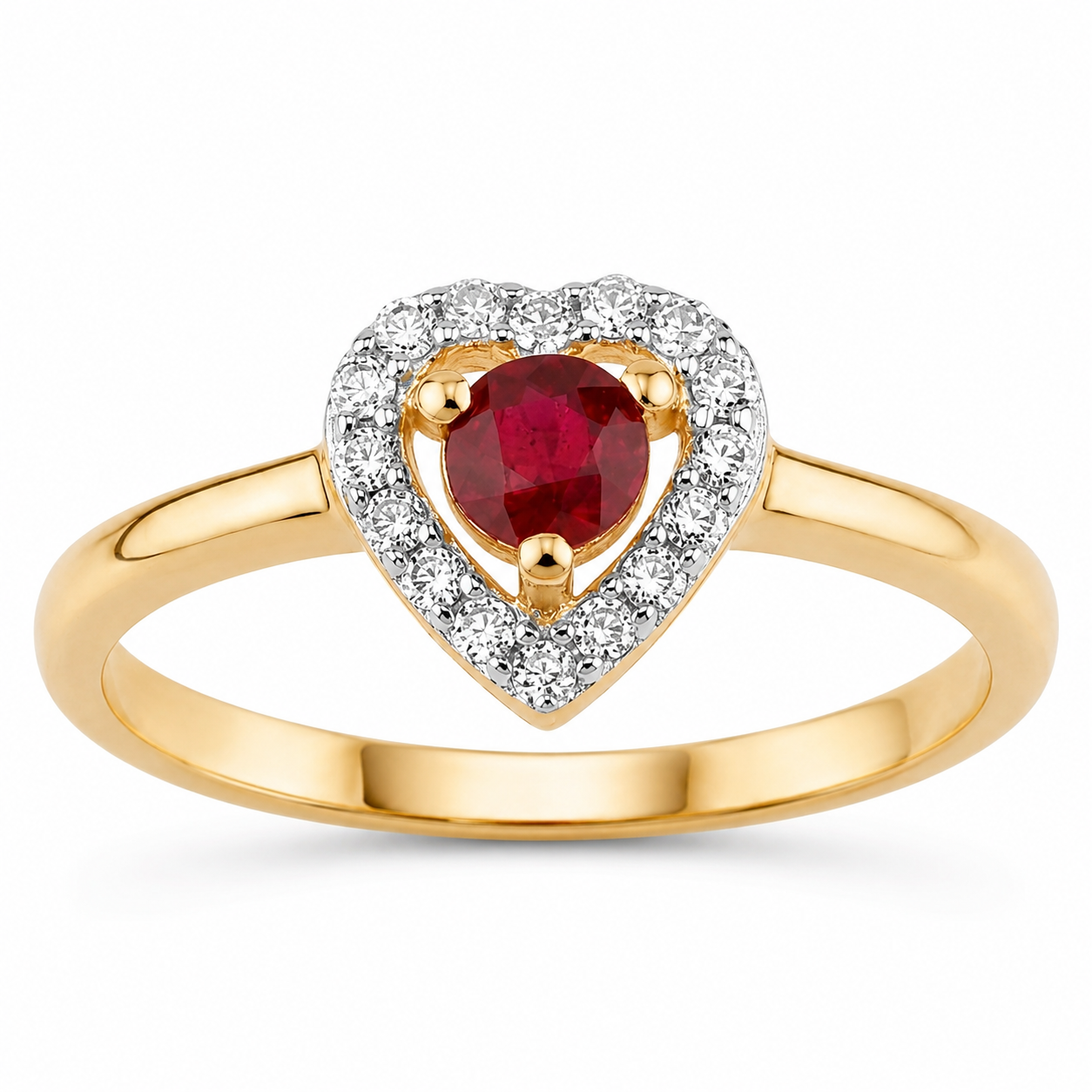 0.21 Ct Heart Shape Pink Ruby and White Diamond Prong 14K Yellow Gold Halo Ring