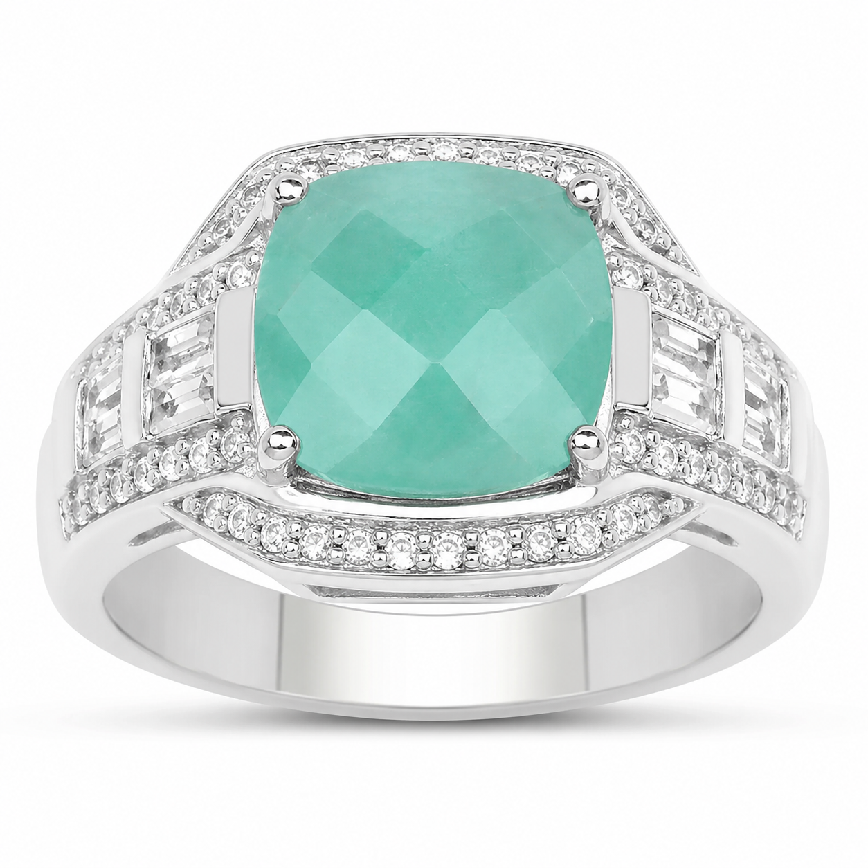4.09 ct Cushion Green Emerald and White Topaz Prong Silver Halo Pave Statement Bold Ring