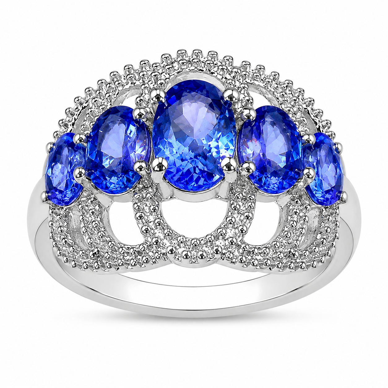 2.13 Ct Oval Violet Tanzanite Prong Silver Pave 5 Stone Ring