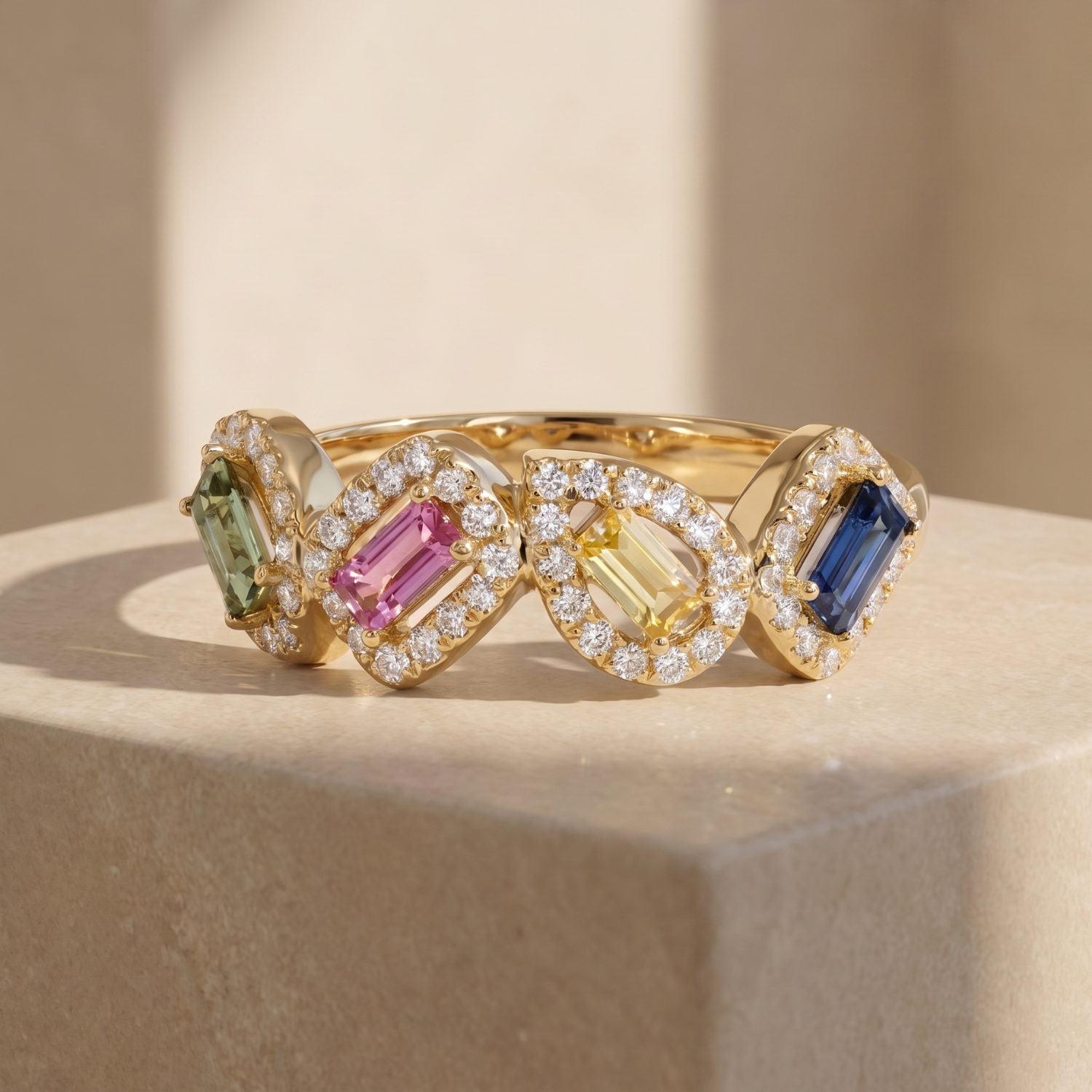 IGI Certified 0.40 Ct Multi Color Unheated Sapphire and Diamond 14K Yellow Gold Engagement Halo Ring