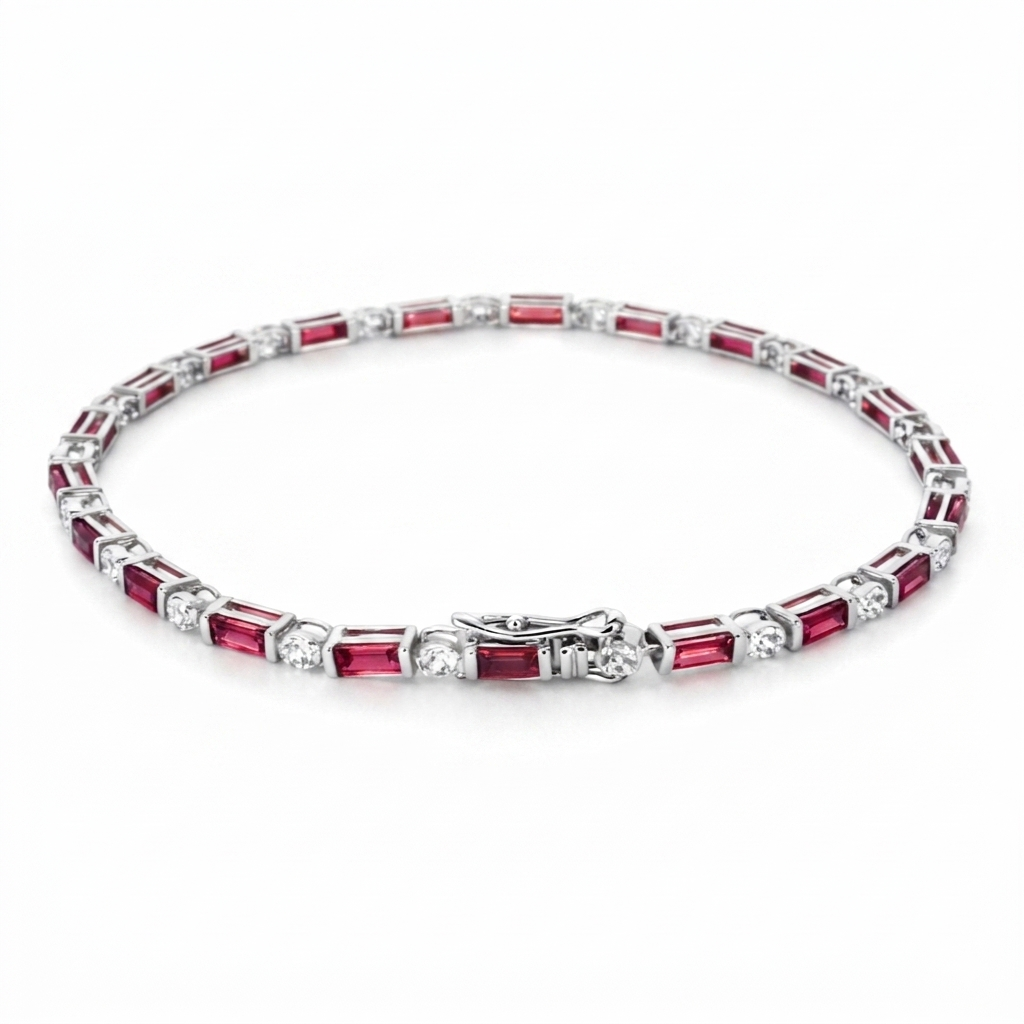 3.4 Ct Baguette Red Rhodolite Prong Silver Tennis Link Bracelet