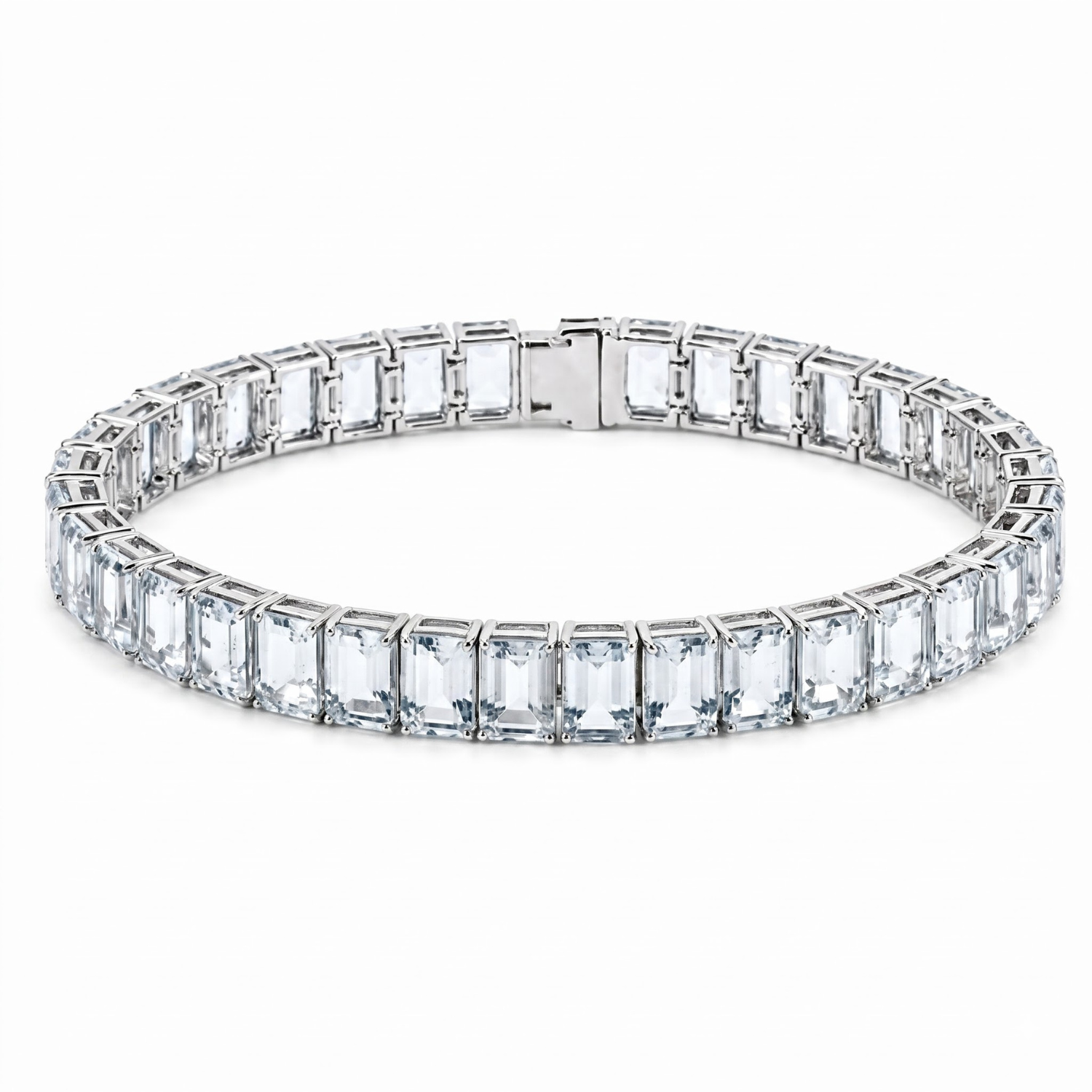 30.74 Cttw Emerald Cut Blue Aquamarine Prong Silver Inline Box Clasp Tennis Bracelet