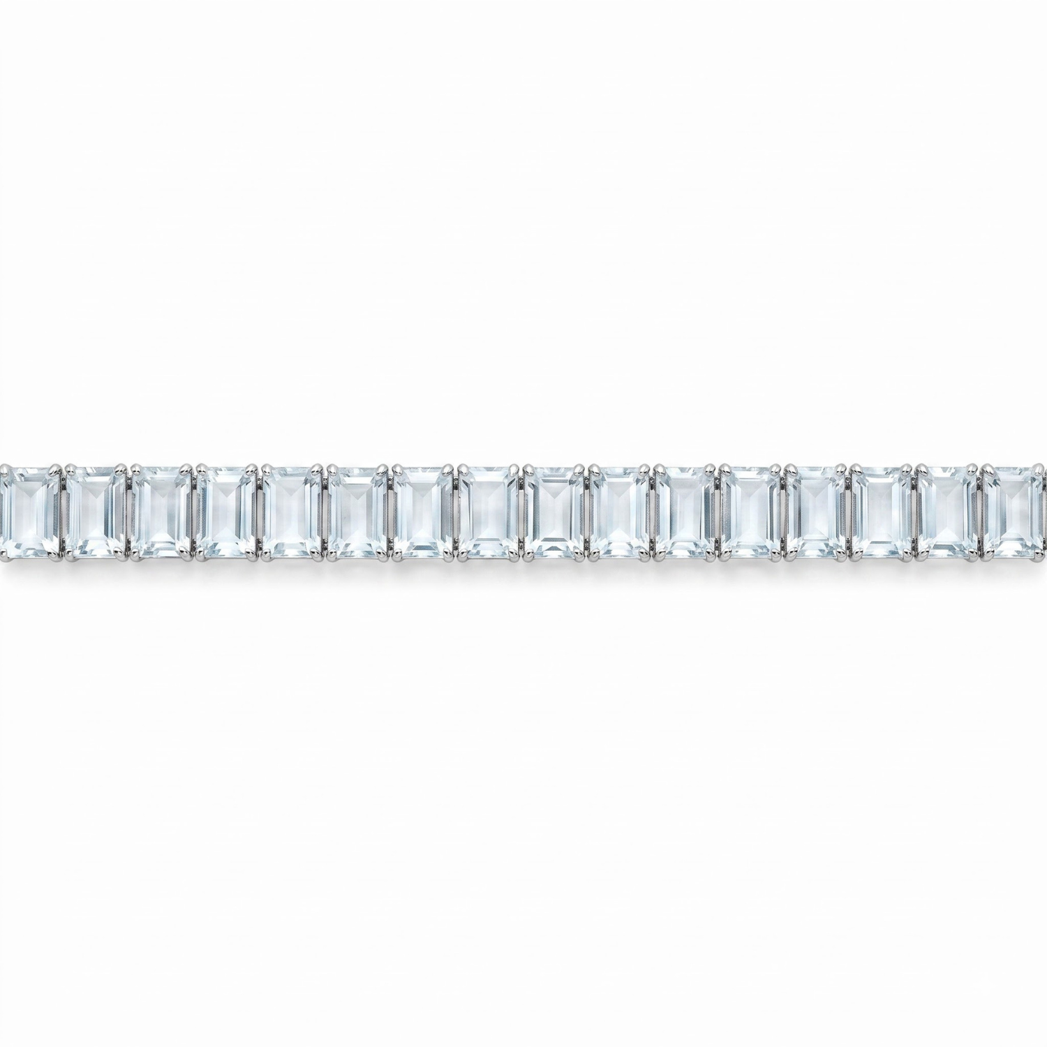 30.74 Cttw Emerald Cut Blue Aquamarine Prong Silver Inline Box Clasp Tennis Bracelet