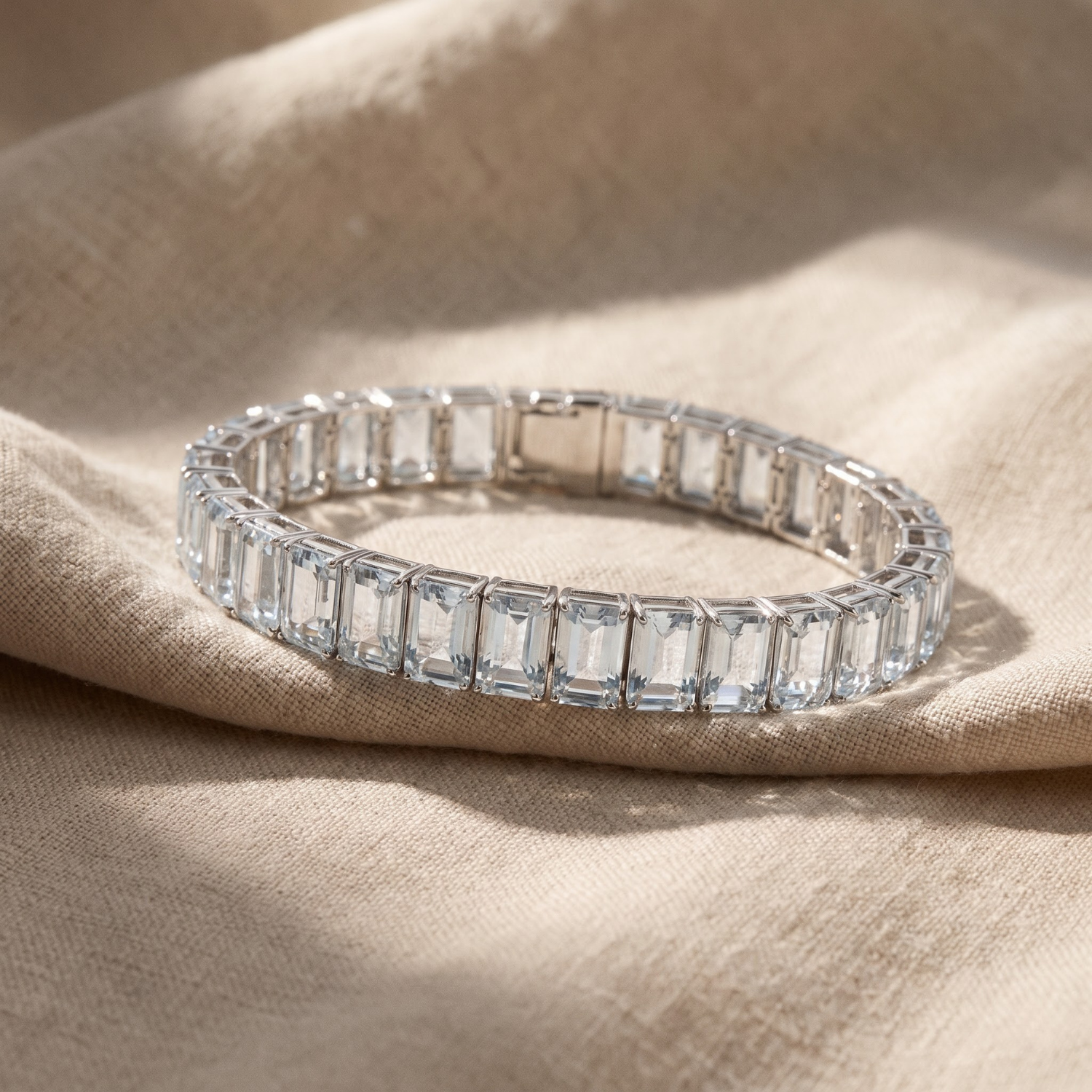 30.74 Cttw Emerald Cut Blue Aquamarine Prong Silver Inline Box Clasp Tennis Bracelet