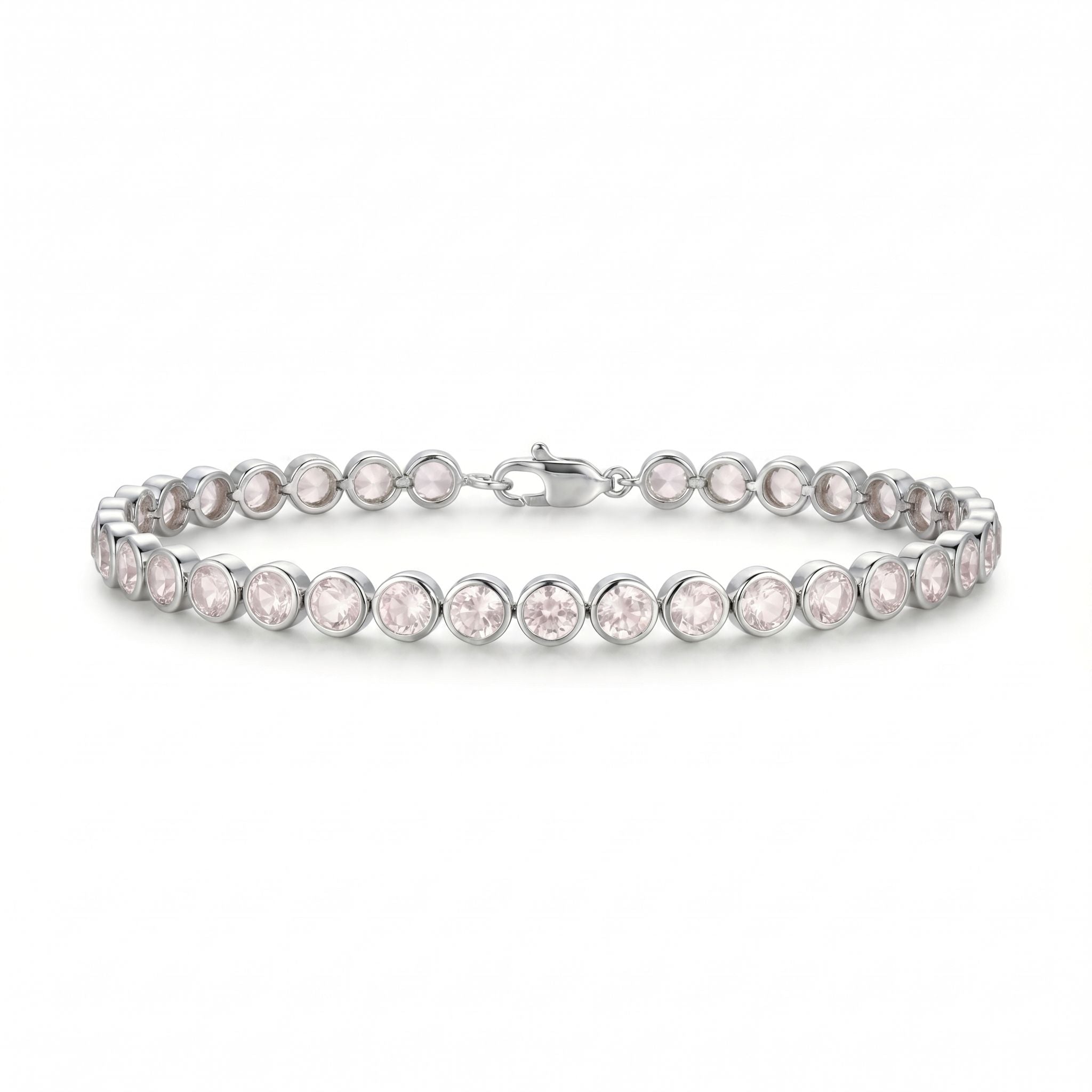 Natural Round Rose Quartz Bezel Tennis Silver Bracelet 7.5 inches