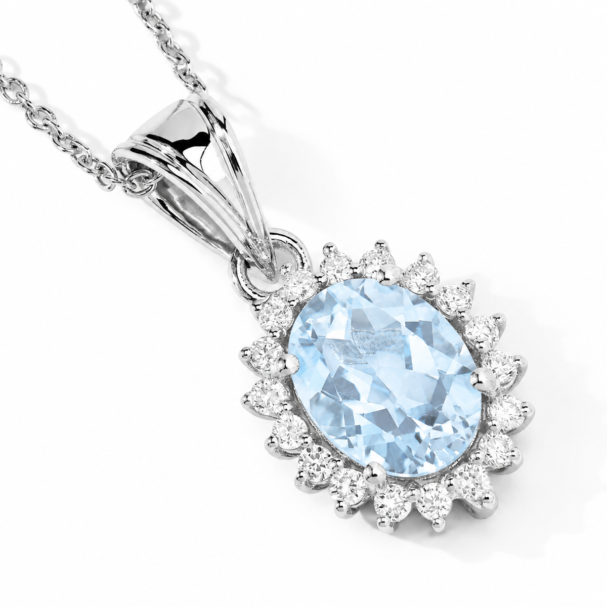1.60 Ct Oval Blue Aquamarine & Lab Diamond Prong Silver Halo Pendant Necklace