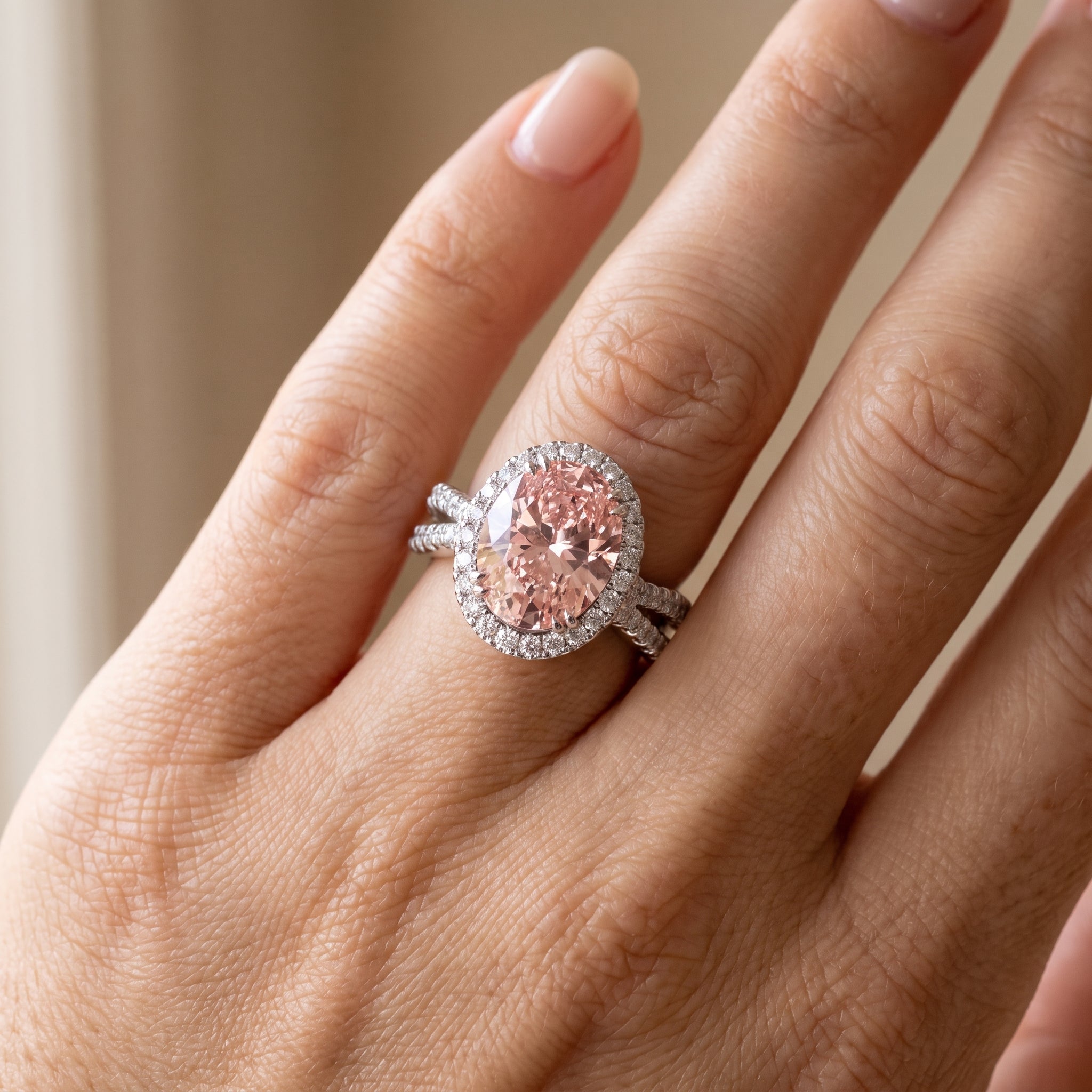 4Cttw Oval Shaped Pink Lab Grown Diamond (F/VS) Split Shank Halo Engagement Ring 14K Gold