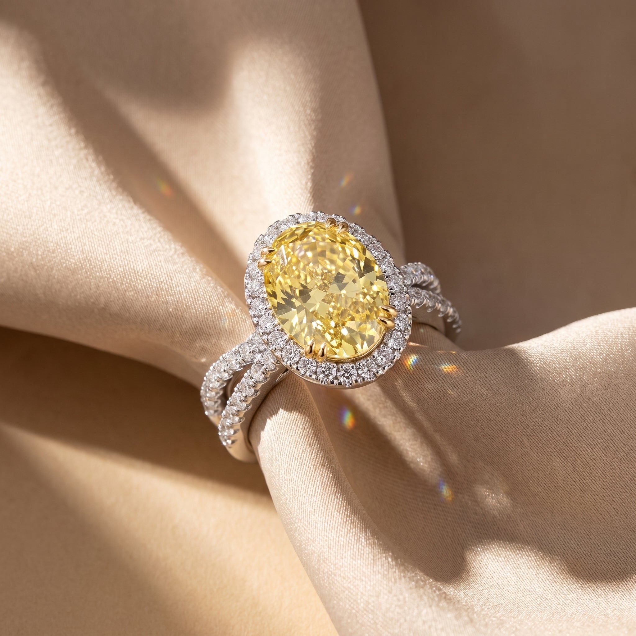 4Cttw Oval Shaped Yellow Lab Grown Diamond (F/VS) Split Shank Halo Engagement Ring 14K Gold