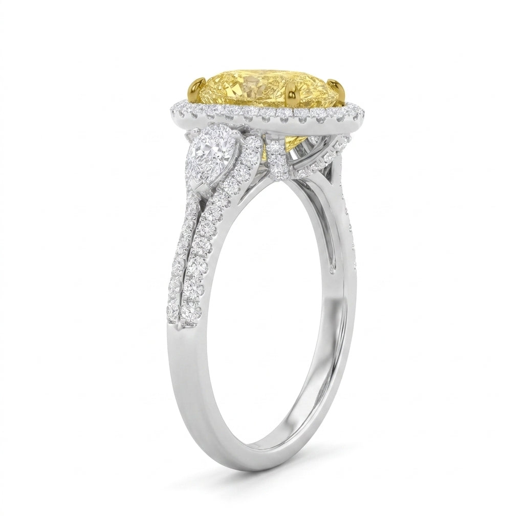 3Cttw Pear Shaped Yellow Lab Grown Diamond (F/VS) Three Stone Bold Accented Engagement Ring in 14K Gold