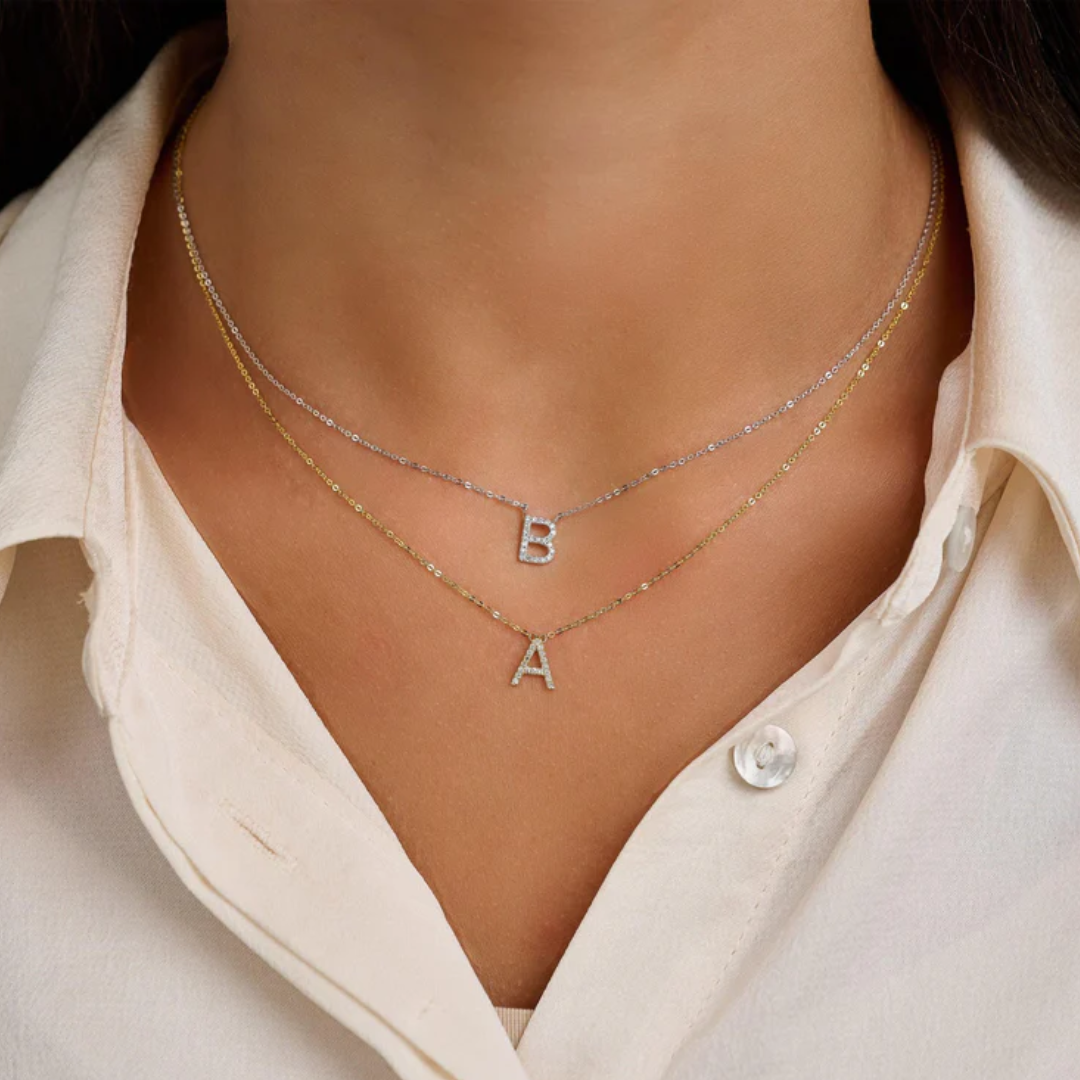 10K Gold Bold Diamond Letter Initial Necklace