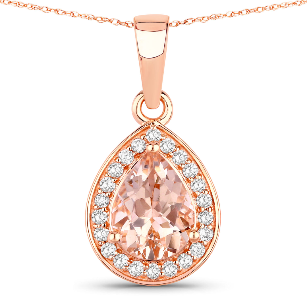 Collar con halo de diamantes blancos y morganita en forma de pera en oro rosa de 14 quilates